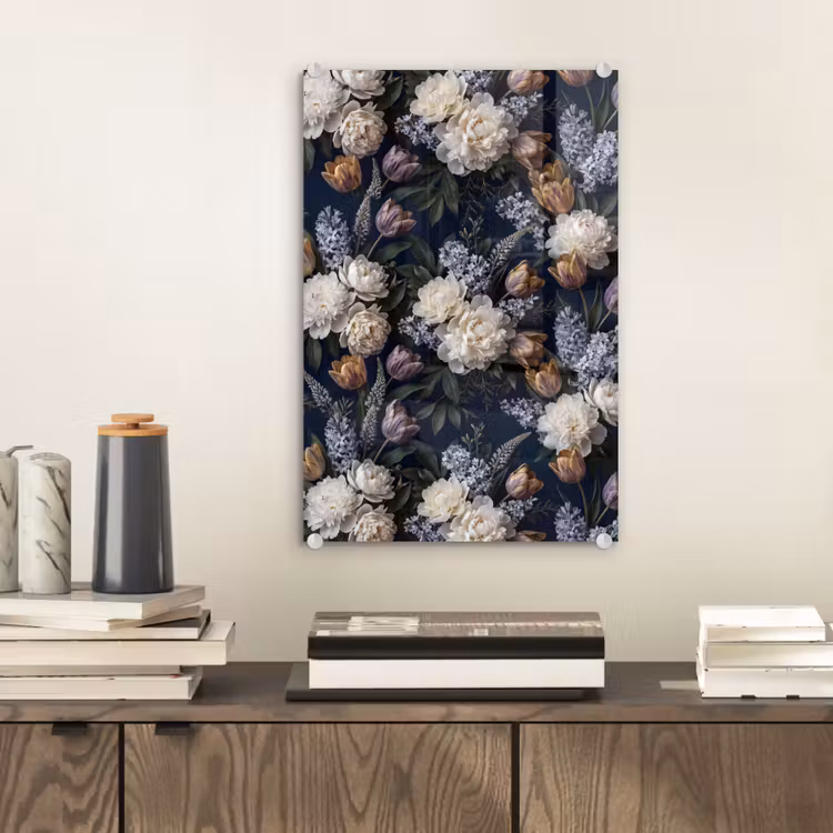 Glas schilderij - Bloemen - Donker - Elegant - Natuur - Wit — 2