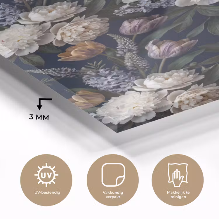 Glas schilderij - Bloemen - Donker - Elegant - Natuur - Wit — 3