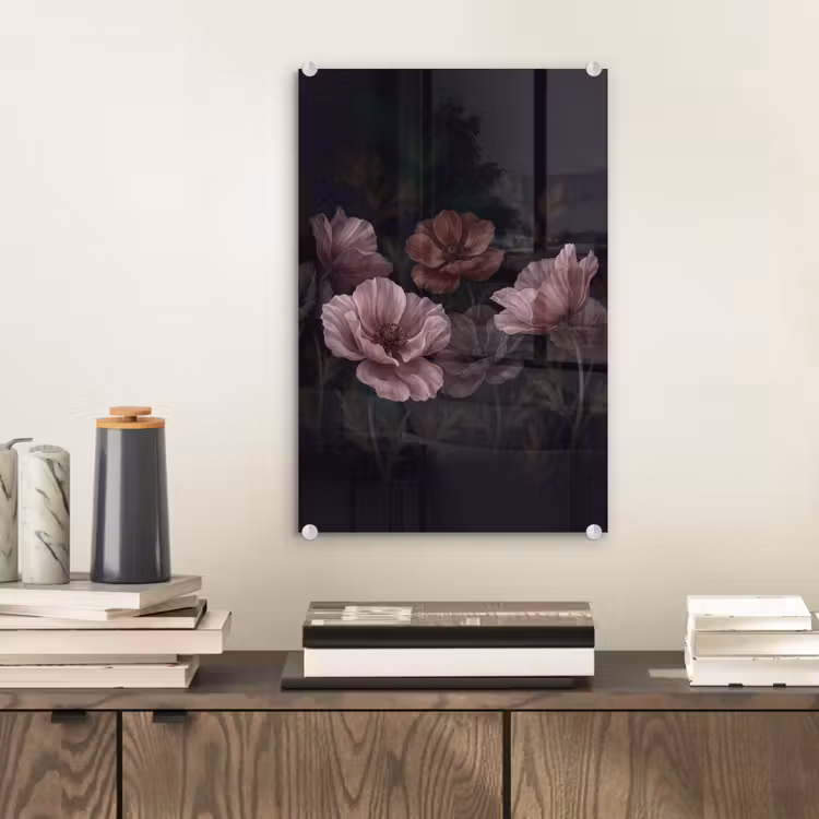 Glas schilderij - Bloemen - Natuur - Roze - Donker - Modern — 2