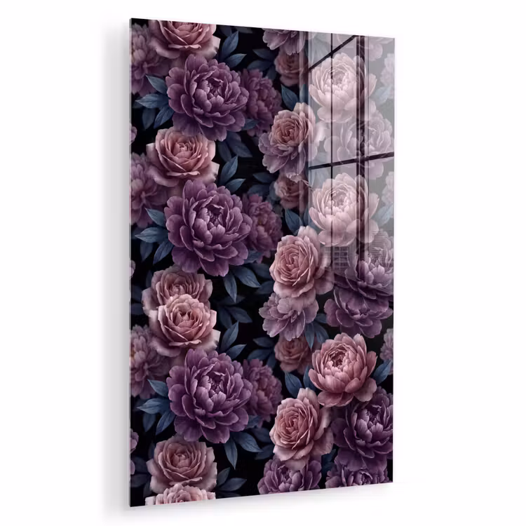 Glas schilderij - Bloemen - Patroon - Donker - Botanisch - Paars — 1