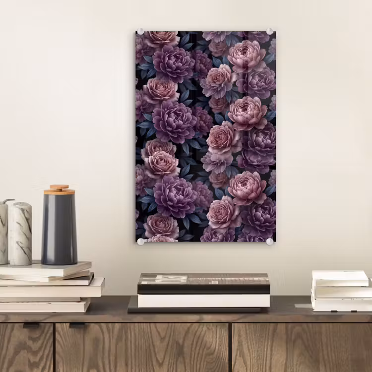 Glas schilderij - Bloemen - Patroon - Donker - Botanisch - Paars — 2