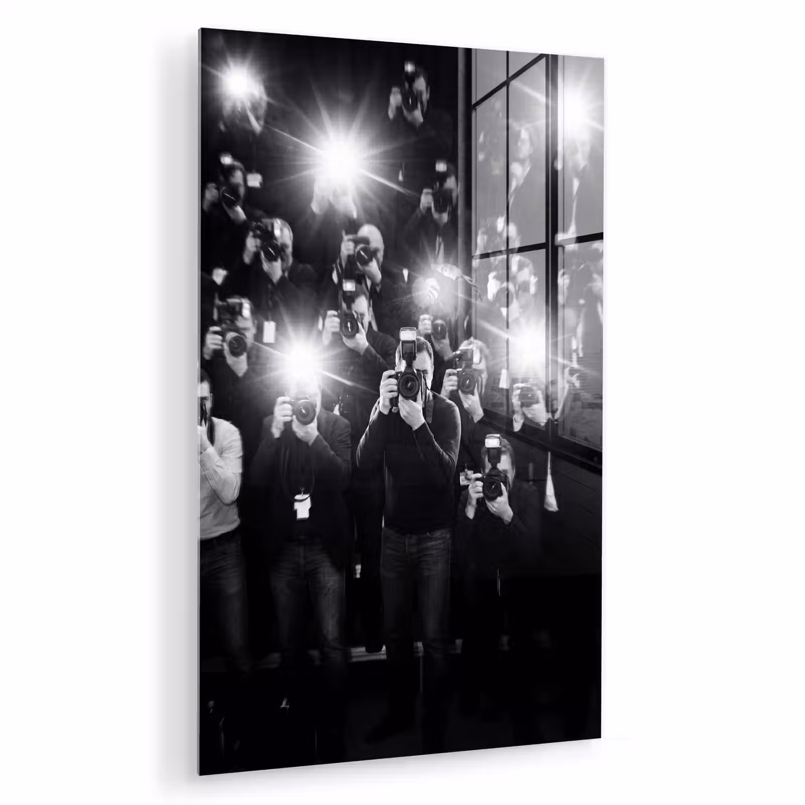 Glas schilderij - Mensen - Camera - Flitslicht - Zwart-wit - Media — 1