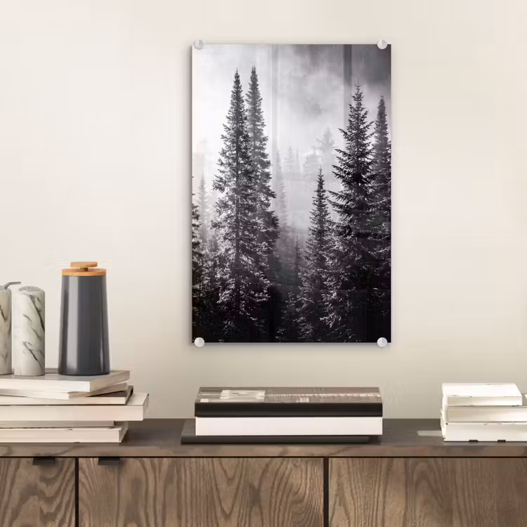 Glas schilderij - Bos - Mist - Winter - Monochroom - Natuur — 2