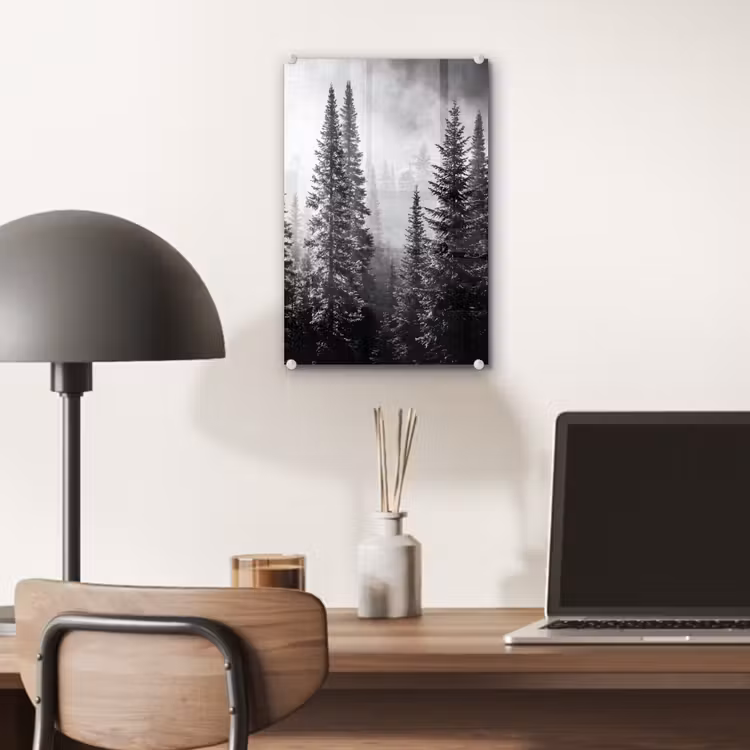 Glas schilderij - Bos - Mist - Winter - Monochroom - Natuur — 7