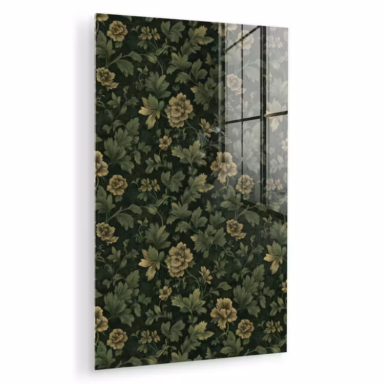 Glas schilderij - Donker - Groen - Goud - Botanisch — 1