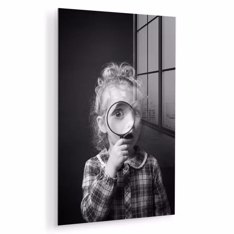 Glas schilderij - Kind - Vergrootglas - Portret - Zwart-wit — 1