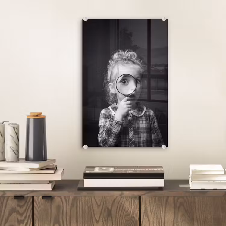 Glas schilderij - Kind - Vergrootglas - Portret - Zwart-wit — 2