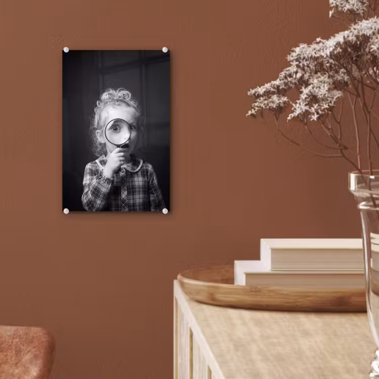 Glas schilderij - Kind - Vergrootglas - Portret - Zwart-wit — 6