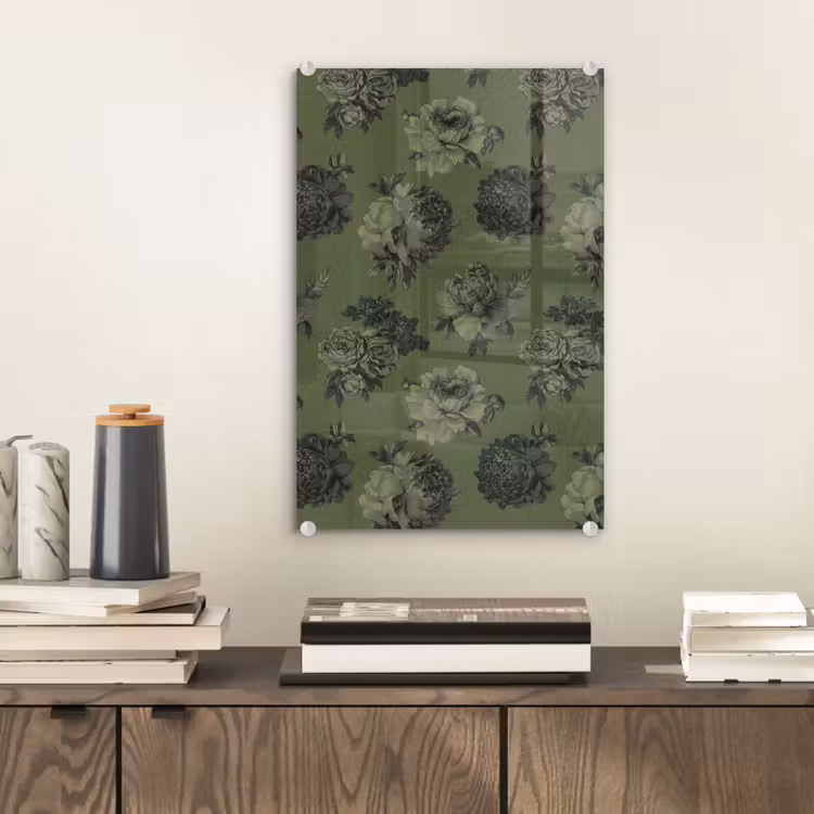 Glas schilderij - Klassiek - botanisch - Olijfgroen - Bloemen — 2