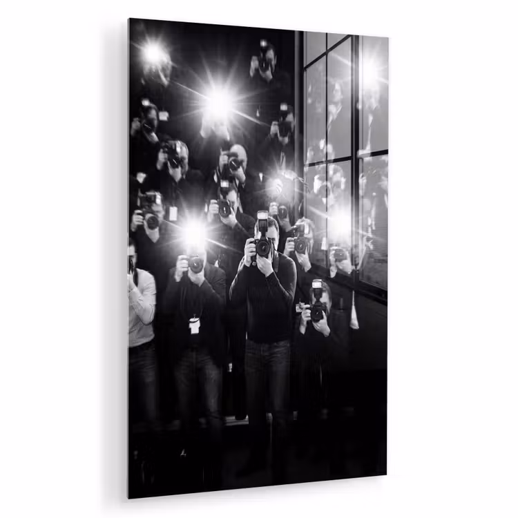 Glas schilderij - Mensen - Camera - Flitslicht - Zwart-wit - Media — 1