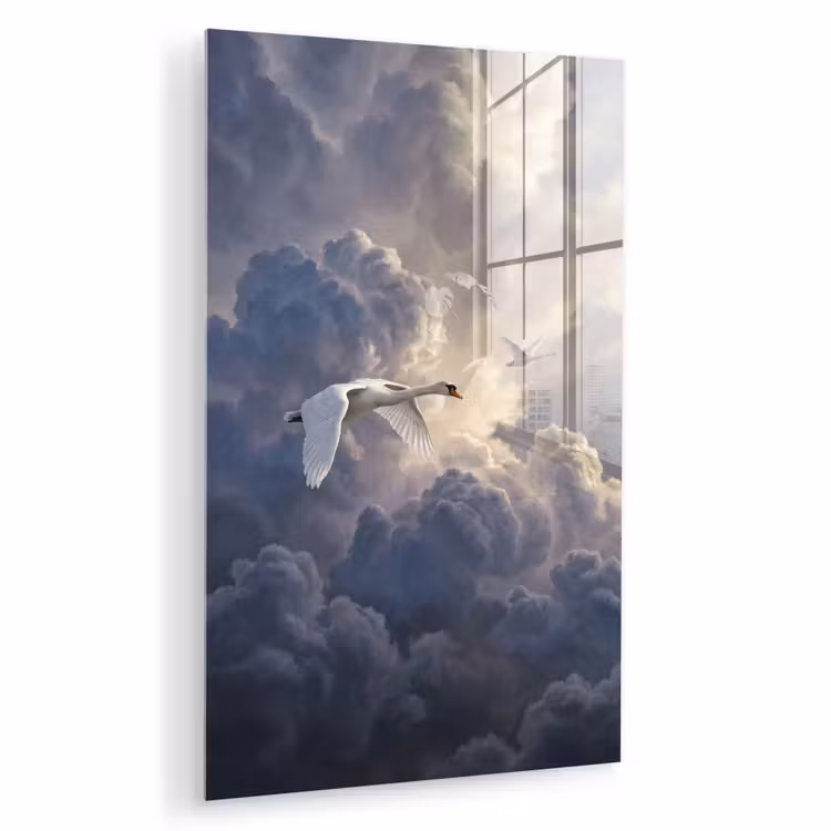 Glas schilderij - Vogel - Vliegend - Natuur - Wit - Wolken — 1