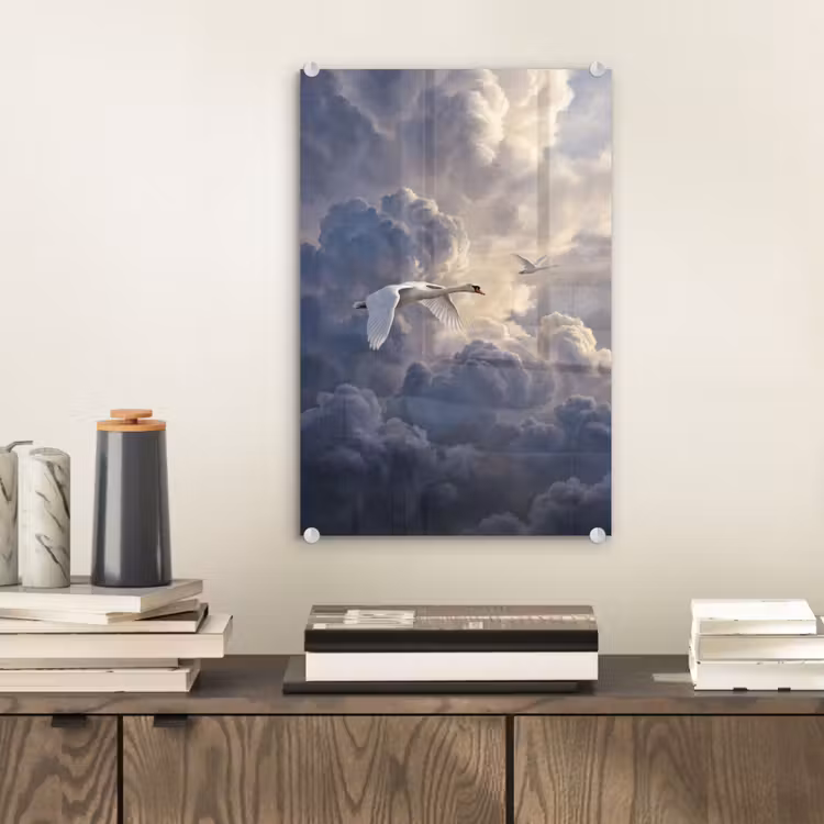 Glas schilderij - Vogel - Vliegend - Natuur - Wit - Wolken — 2