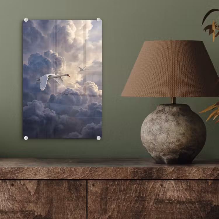 Glas schilderij - Vogel - Vliegend - Natuur - Wit - Wolken — 4