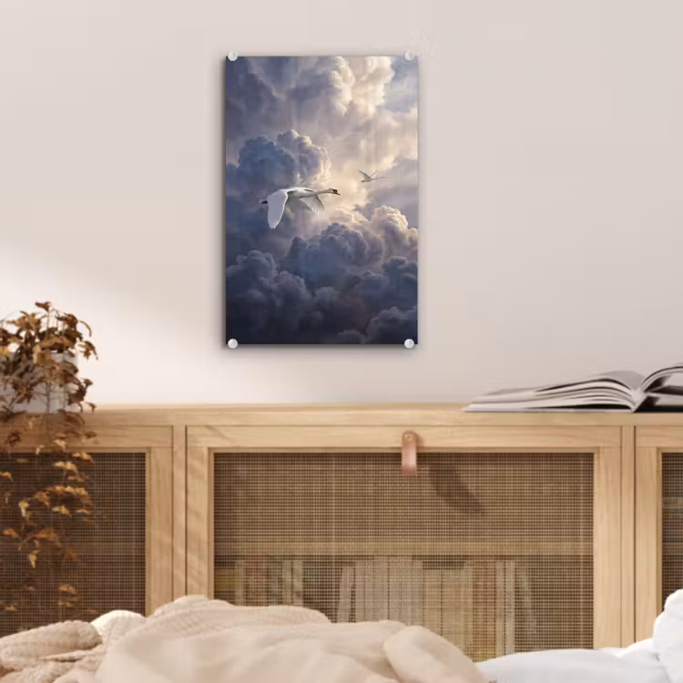 Glas schilderij - Vogel - Vliegend - Natuur - Wit - Wolken — 5