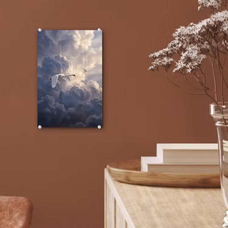 Glas schilderij - Vogel - Vliegend - Natuur - Wit - Wolken — 6