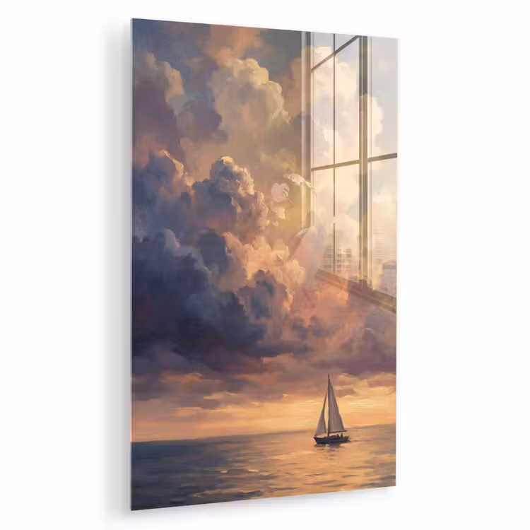 Glas schilderij - Boot - Zonsondergang - Zee - Natuur - Goud — 1