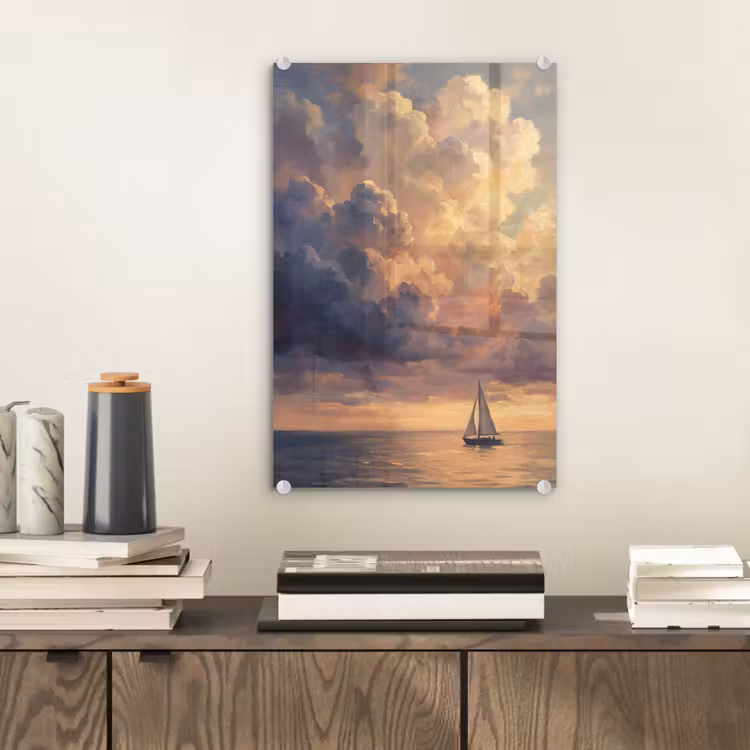 Glas schilderij - Boot - Zonsondergang - Zee - Natuur - Goud — 2