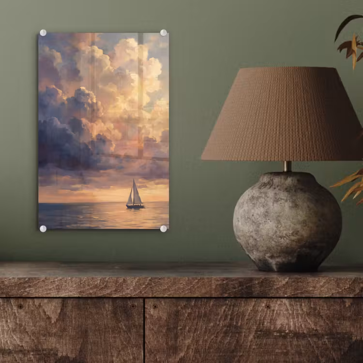 Glas schilderij - Boot - Zonsondergang - Zee - Natuur - Goud — 4