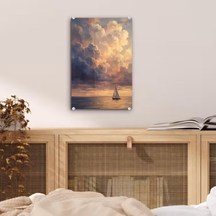 Glas schilderij - Boot - Zonsondergang - Zee - Natuur - Goud — 5