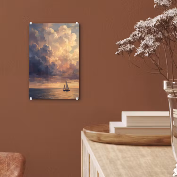 Glas schilderij - Boot - Zonsondergang - Zee - Natuur - Goud — 6