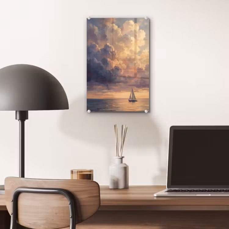 Glas schilderij - Boot - Zonsondergang - Zee - Natuur - Goud — 7