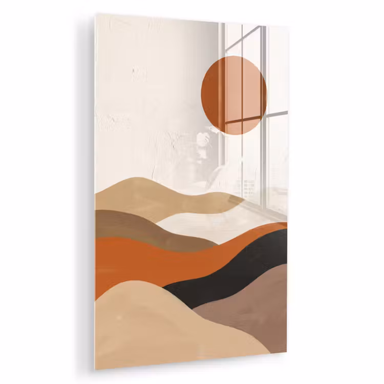 Glas schilderij - Landschap - Heuvels - Zon - Abstract - Oranje — 1