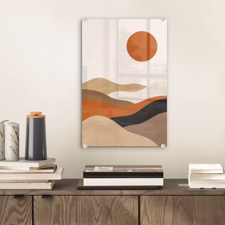 Glas schilderij - Landschap - Heuvels - Zon - Abstract - Oranje — 2
