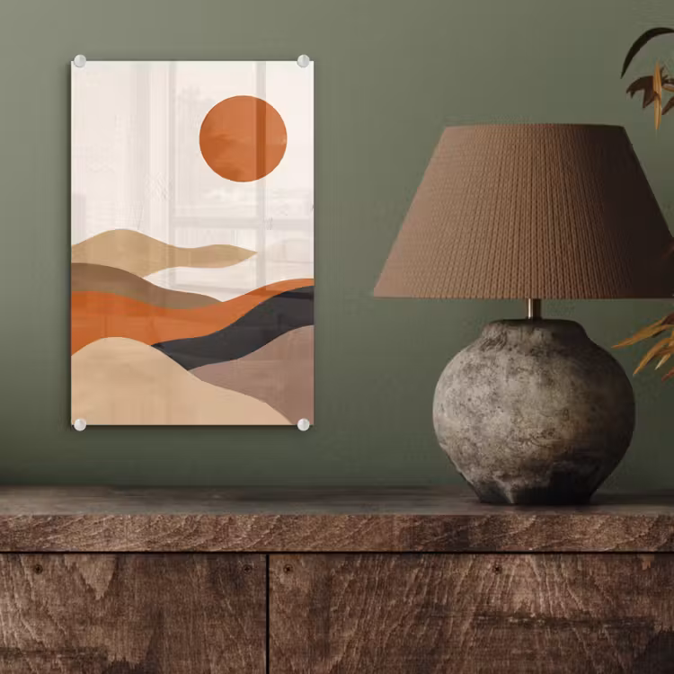 Glas schilderij - Landschap - Heuvels - Zon - Abstract - Oranje — 4