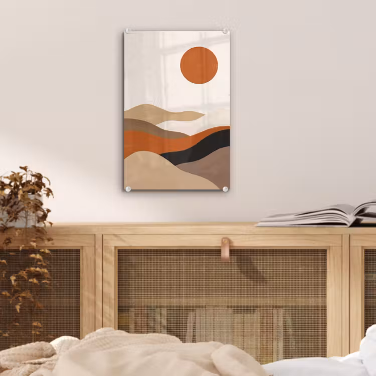 Glas schilderij - Landschap - Heuvels - Zon - Abstract - Oranje — 5