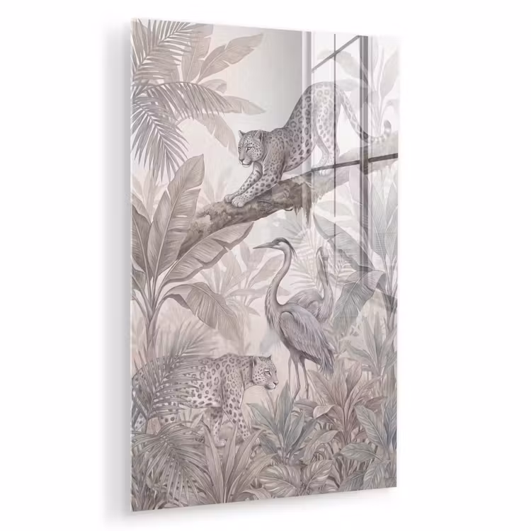 Glas schilderij - Kat - Vogel - Jungle - Illustratie - Dieren — 1