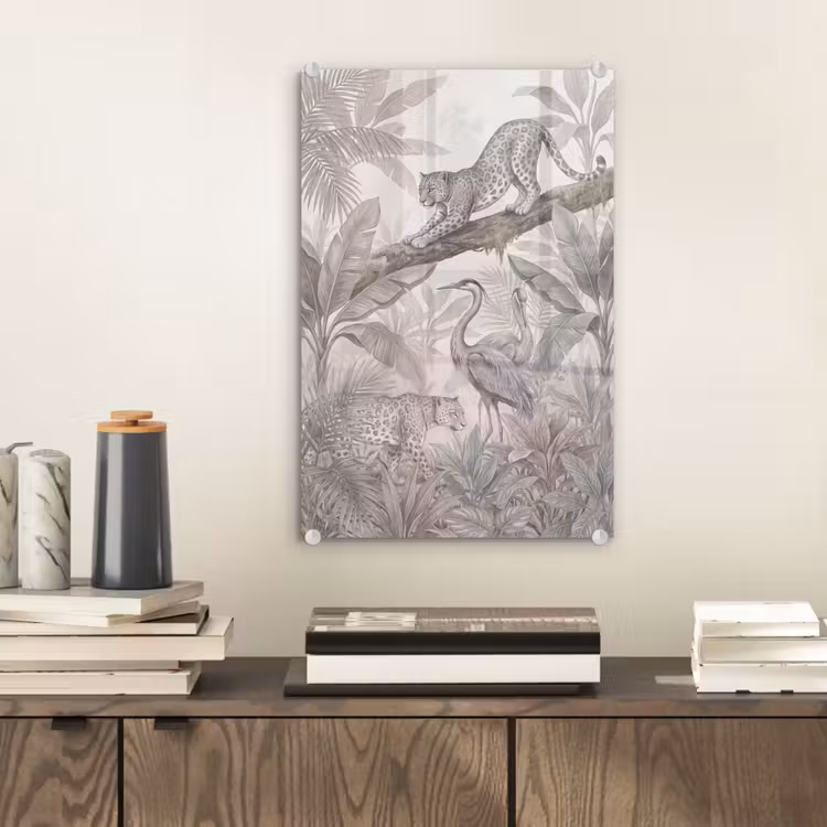 Glas schilderij - Kat - Vogel - Jungle - Illustratie - Dieren — 2