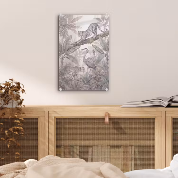 Glas schilderij - Kat - Vogel - Jungle - Illustratie - Dieren — 5