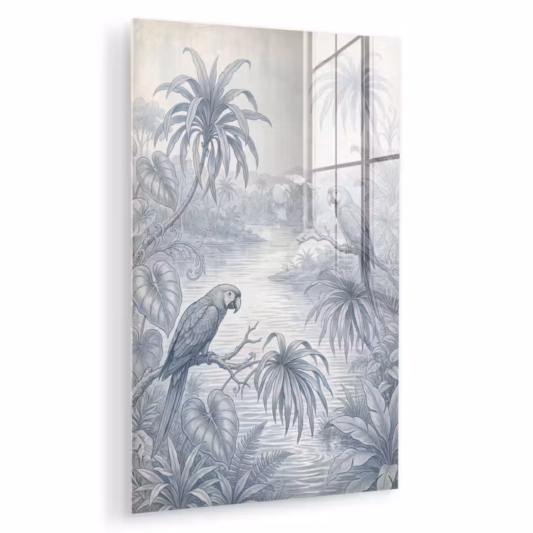 Glas schilderij - Vogel - Rivier - Tropisch - Illustratie - Blauw — 1