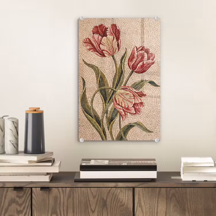 Glas schilderij - Bloemen - Mozaïek - Rood - Groen - Kunst — 2