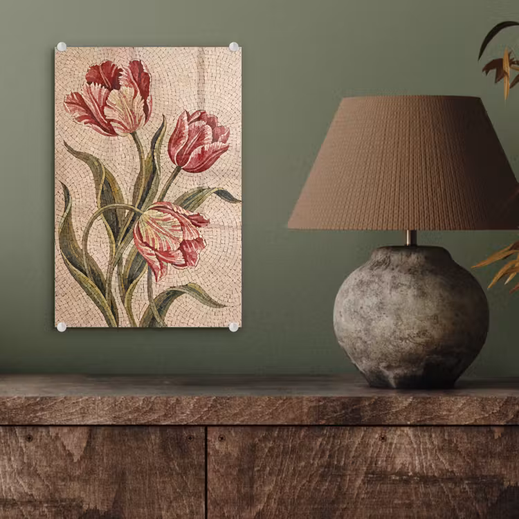 Glas schilderij - Bloemen - Mozaïek - Rood - Groen - Kunst — 4