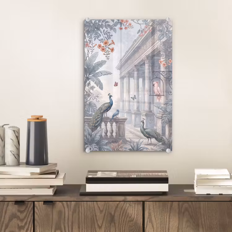 Glas schilderij - Vogel - Pauw - Architectuur - Klassiek - Groen — 2