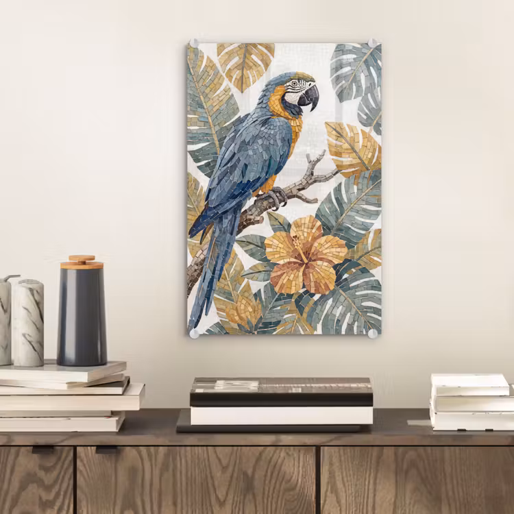 Glas schilderij - Vogel - Tak - Natuur - Mozaïek - Blauw — 2