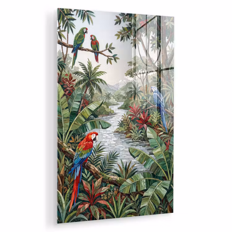 Glas schilderij - Vogel - Jungle - Natuur - Mozaïek - Groen — 1