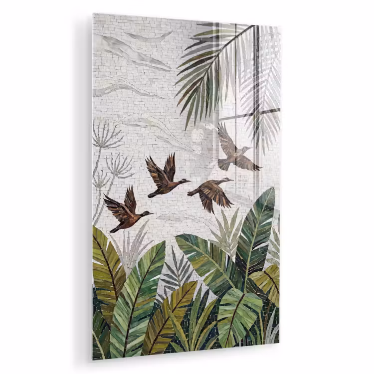 Glas schilderij - Vogel - Vliegend - Tropisch - Mozaïek - Groen — 1