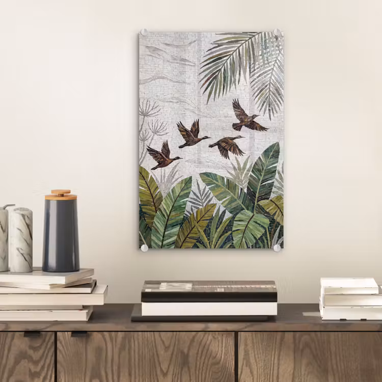 Glas schilderij - Vogel - Vliegend - Tropisch - Mozaïek - Groen — 2
