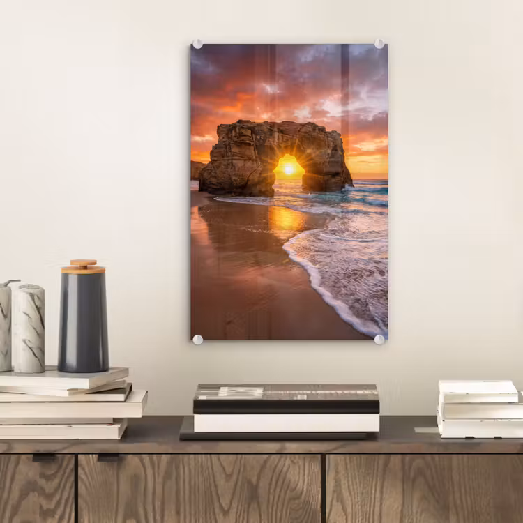 Glas schilderij - Kust - Rots - Zonsondergang - Zee - Natuur — 2