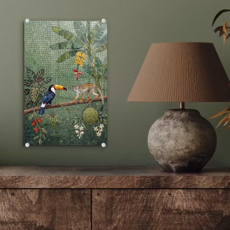 Glas schilderij - Vogel - Dier - Jungle - Mozaïek - Natuur — 4