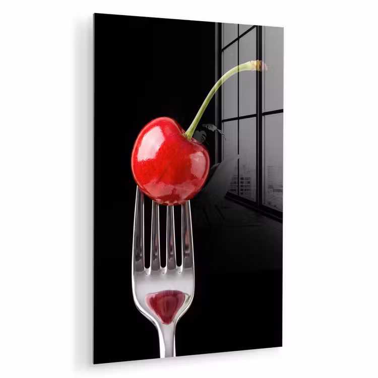Glas schilderij - Rode kers - Vork — 1