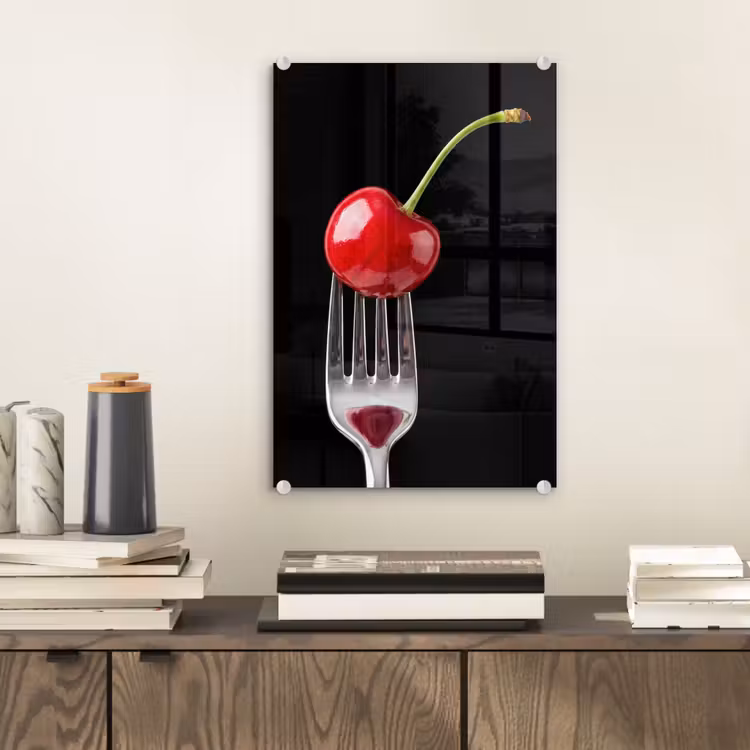 Glas schilderij - Rode kers - Vork — 2