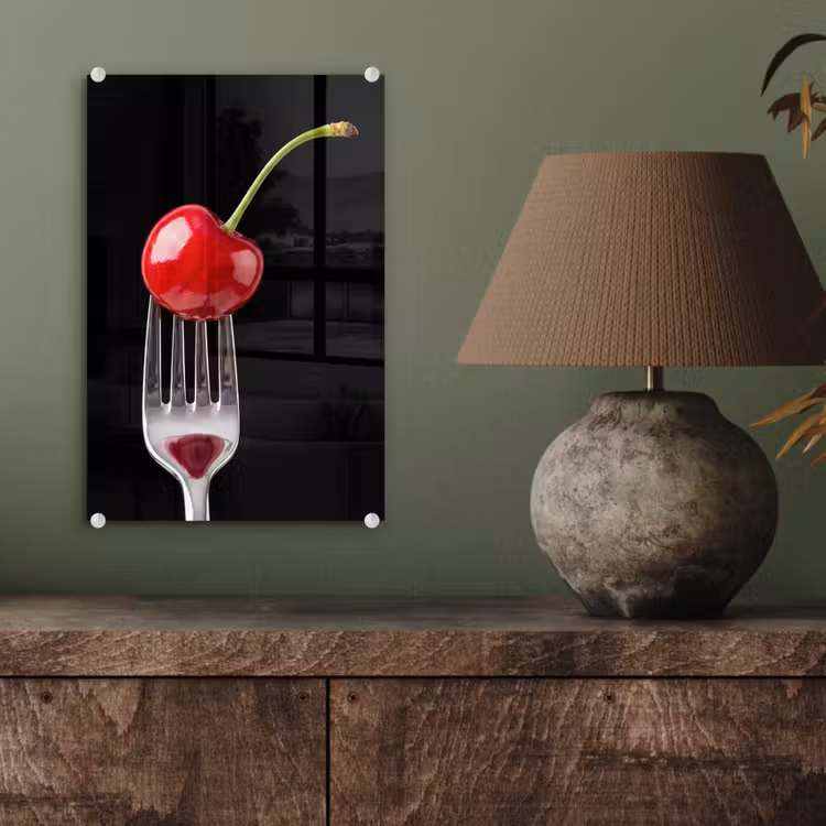 Glas schilderij - Rode kers - Vork — 4