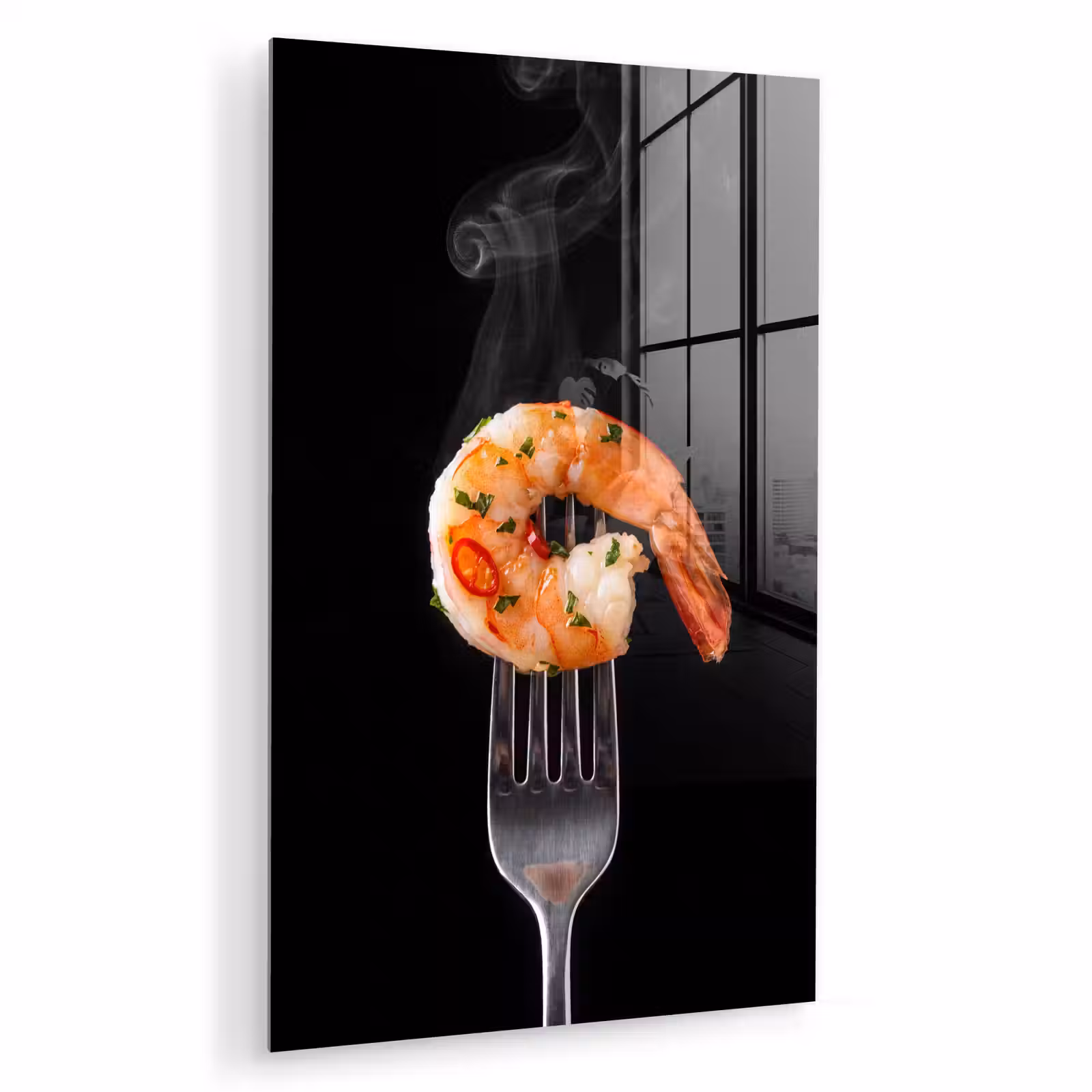 Glas schilderij - Eten - Garnaal - Vork — 1