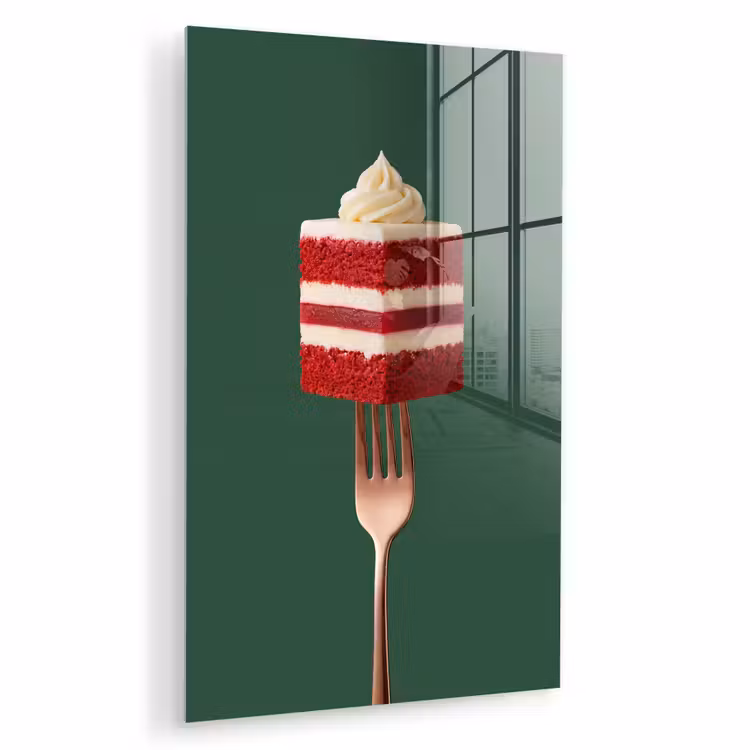 Glas schilderij - Cake - Vork - Rood — 1