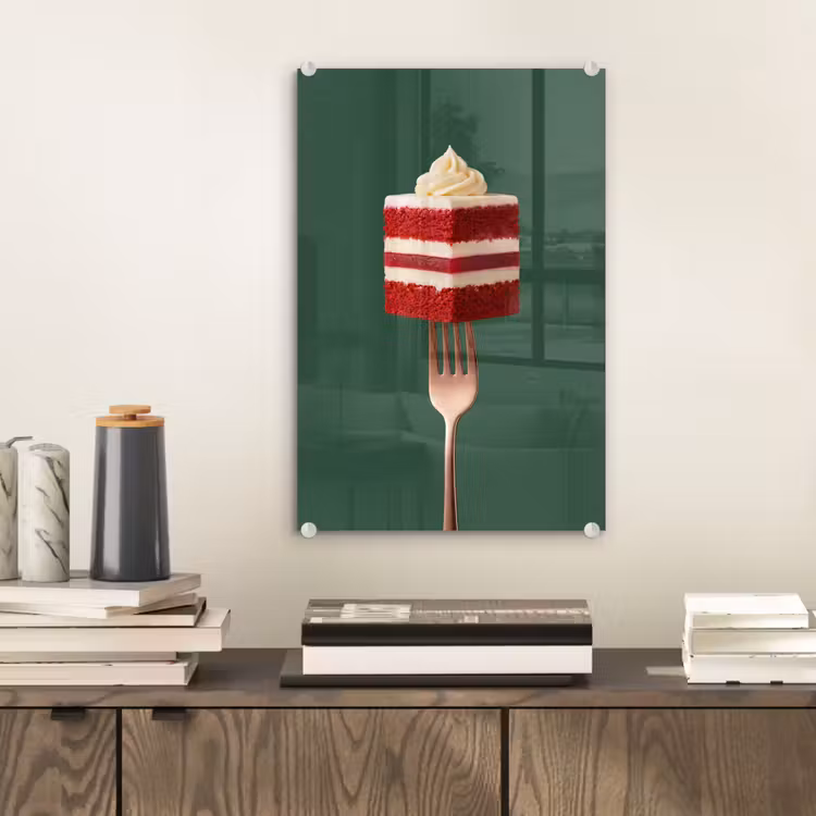 Glas schilderij - Cake - Vork - Rood — 2