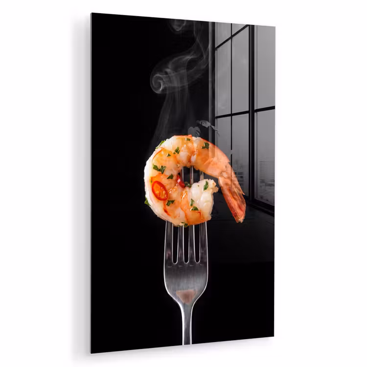 Glas schilderij - Eten - Garnaal - Vork — 1