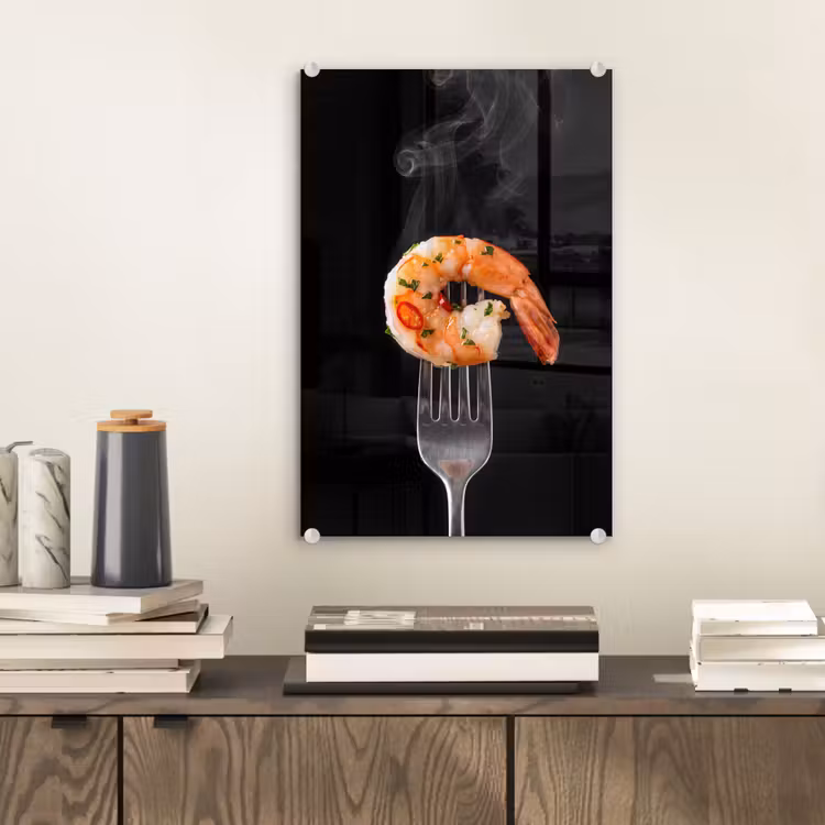 Glas schilderij - Eten - Garnaal - Vork — 2